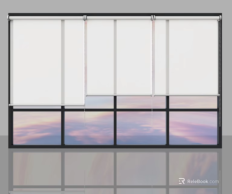 White Roller Blinds on Window with Beautiful Sky and Pink Clouds View 3d model