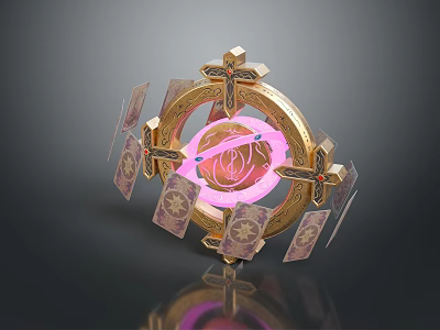 Mystical Fantasy Landscape Featuring Golden Circular Device With Pink Glowing Circle And Cross Decorations 3d model