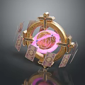 Mystical Fantasy Landscape Featuring Golden Circular Device With Pink Glowing Circle And Cross Decorations