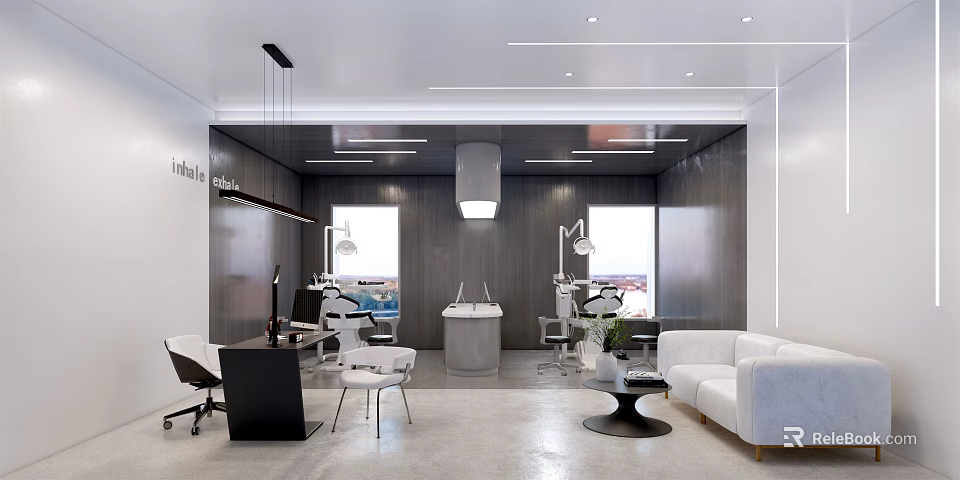 Modern Hospital Outpatient Clinic Interior With White Sofa Tables Chairs And Natural Light From Windows 3d model 