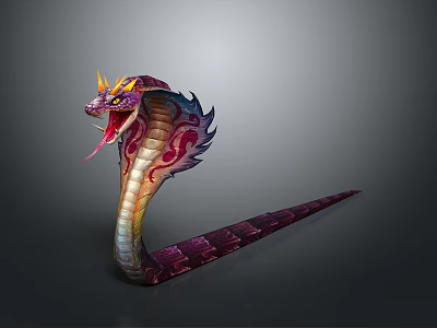 Mythical Serpent Creature With Vibrant Scales Horned Head Rearing Up Open Mouth 3d model