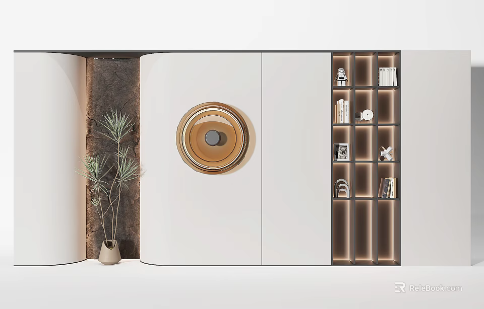 Modern Decorative Cabinet Design With Open Shelves LED Lighting Decorations And Green Plant 3d model 