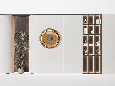 Modern Decorative Cabinet Design With Open Shelves LED Lighting Decorations And Green Plant 3d model