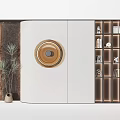 Modern Decorative Cabinet Design With Open Shelves LED Lighting Decorations And Green Plant