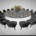 Round Dining Table Set with Gray Chairs Yellow Flower Bouquet and White Tableware 3d model
