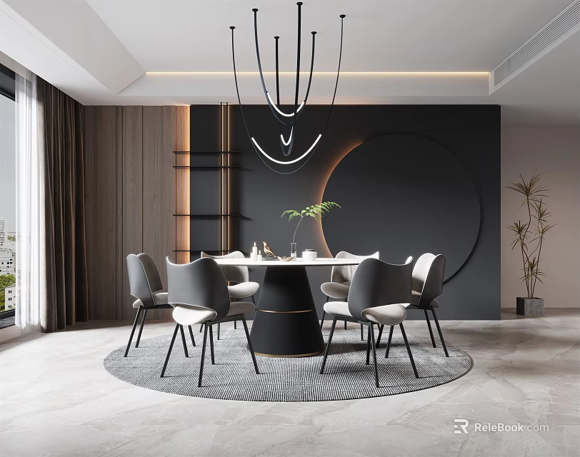 Modern Restaurant Interior With Round Dining Table Gray Chairs Chandeliers And Green Plants 3d model 