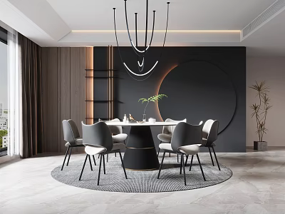 Modern Restaurant Interior With Round Dining Table Gray Chairs Chandeliers And Green Plants 3d model
