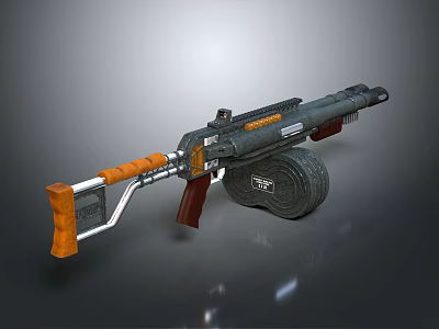 Retro Sci Fi Weapon With Orange Grip Brown Stock And Drum Magazine 3d model