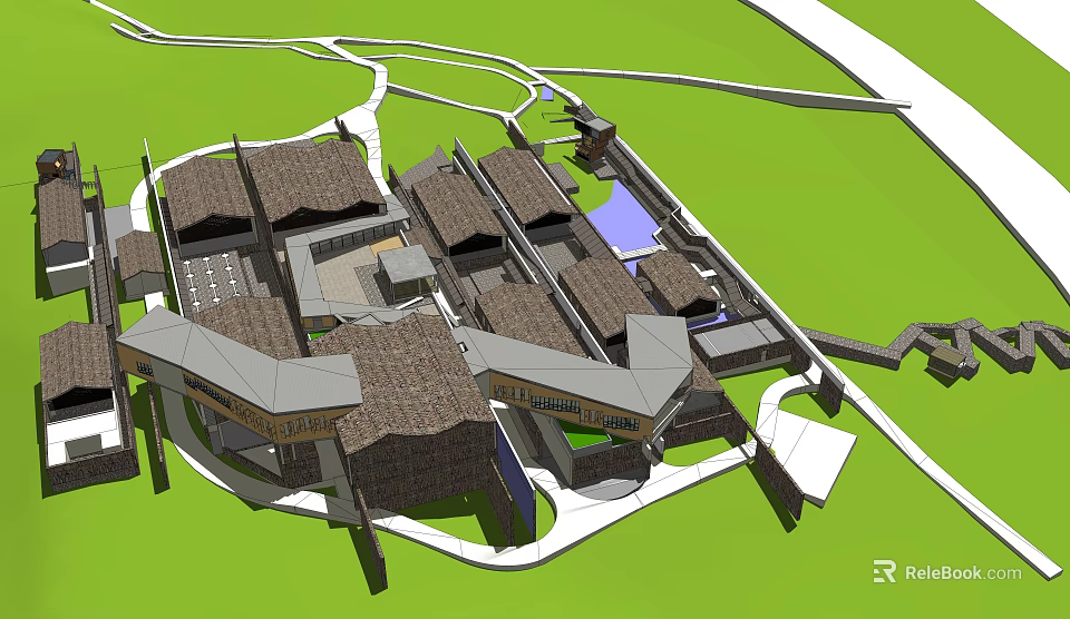 Museum Building Architectural Layout With Traditional Roofs Connected Structures And Courtyard Paths 3d model