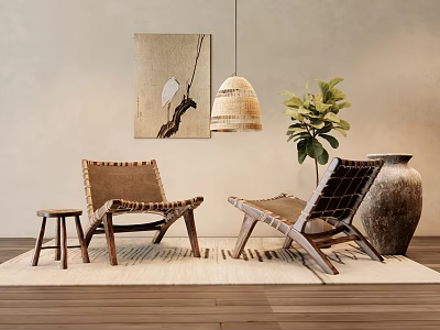 Comfortable Woven Leisure Chairs Wooden Frame With Side Stool Wall Art Hanging Lamp And Plant 3d model