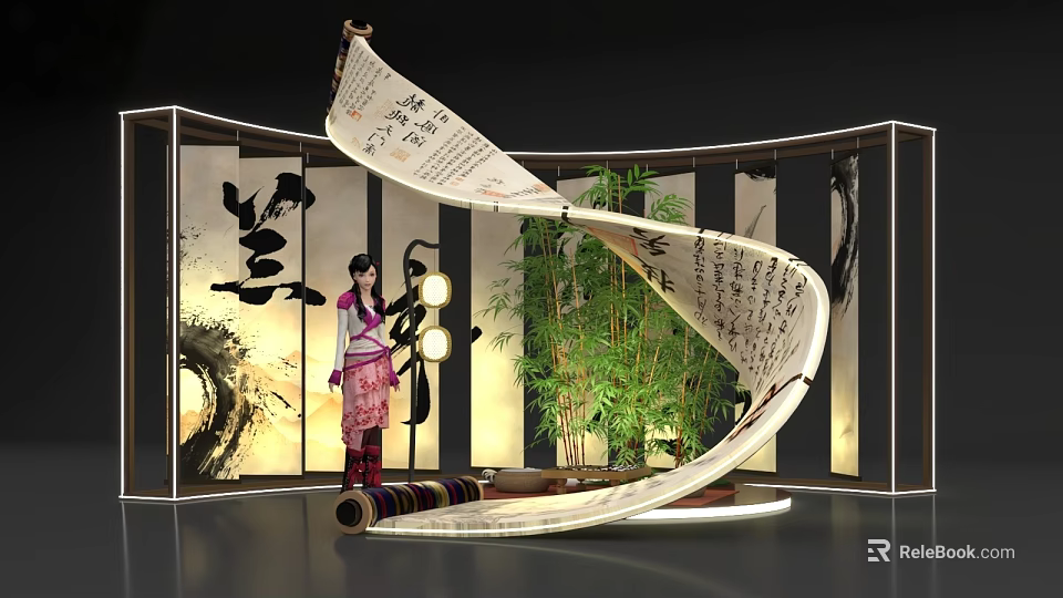 Traditional Chinese Style Photo Check In Spot With Calligraphy Scroll Bamboo And Lady Statue 3d model 