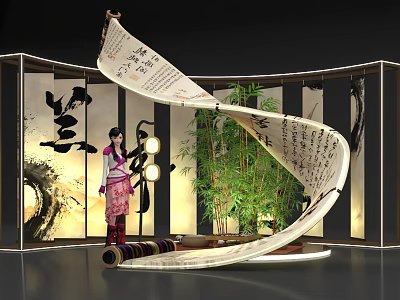 Traditional Chinese Style Photo Check In Spot With Calligraphy Scroll Bamboo And Lady Statue 3d model