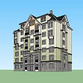 Modern Multi Story Residential Building with Gabled Roof Balconies Stone Base and Light Dark Exterior