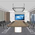 Modern Conference Room With Long Wooden Table Leather Chairs Large Screen And City View Windows
