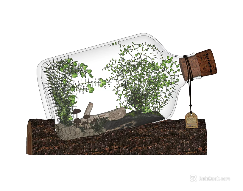 Decorative Ornament Set with Glass Bottle Green Plants Small Ornaments and Wooden Base 3d model 