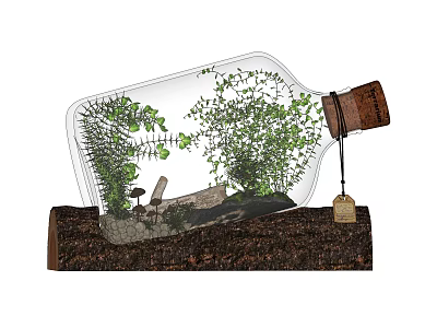 Decorative Ornament Set with Glass Bottle Green Plants Small Ornaments and Wooden Base 3d model