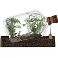 Decorative Ornament Set with Glass Bottle Green Plants Small Ornaments and Wooden Base