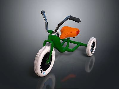 Kids Tricycle With Green Frame Black Handlebars Orange Seat And Large White Wheels 3d model