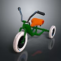 Kids Tricycle With Green Frame Black Handlebars Orange Seat And Large White Wheels