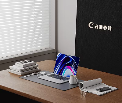 Modern Laptop With Colorful Screen On Wooden Desk Coffee Cup Books And Canon Logo 3d model