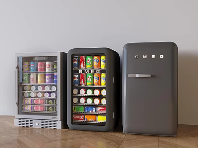 SMEG Refrigerators And Freezers With Vintage Design Filled With Colorful Beverage Cans 3d model