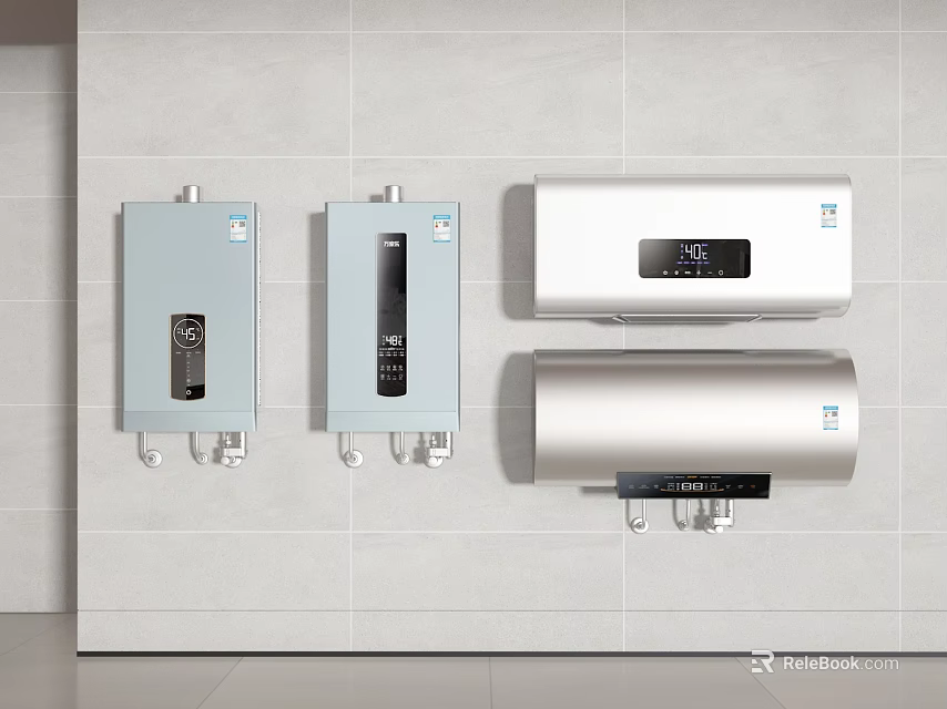 Modern Wall Mounted Water Heaters With Various Styles Installed On Tiled Wall 3d model