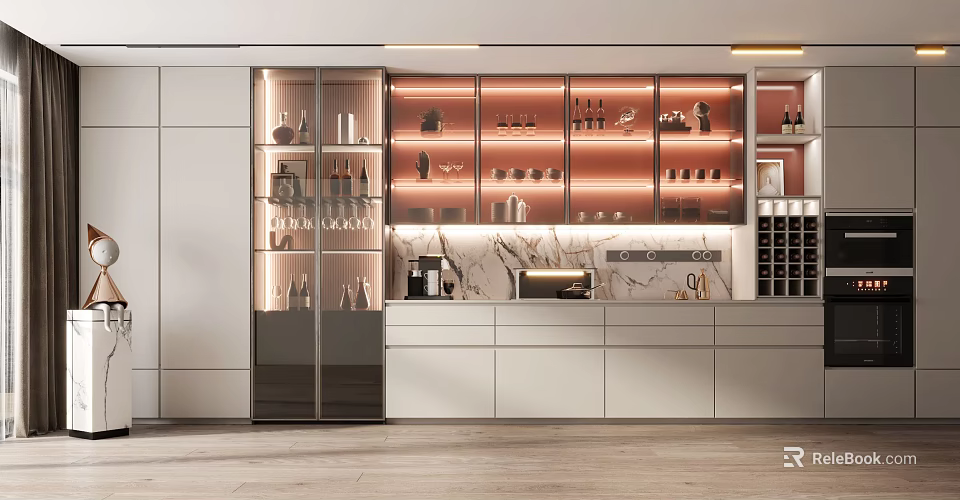 Modern Wine Cabinet Design With Glass Doors Interior Lighting And Displayed Wine Bottles 3d model 