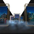 Modern Exhibition Entrance Design With Golden Frames City Night View And Smoke Effect