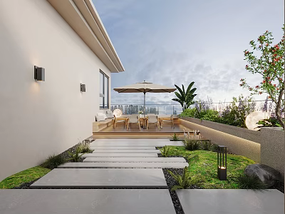 Modern Garden Design With Stone Steps Grass Outdoor Furniture Umbrella Plants And Lanterns 3d model