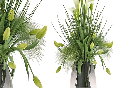 Decorative Ornament Set With Green Tulip Buds And Leafy Plants In Transparent Vases 3d model