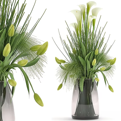 Decorative Ornament Set With Green Tulip Buds And Leafy Plants In Transparent Vases 3d model