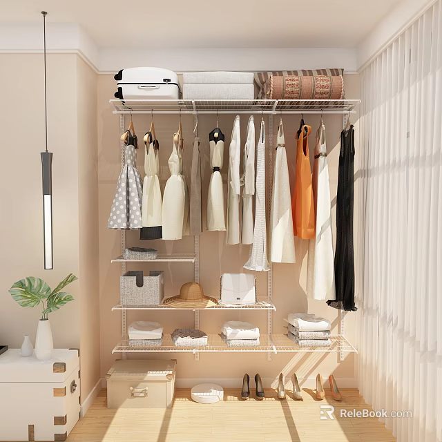 Modern Open Wardrobe With Hanging Clothes Shelves Storage Baskets And Folded Items 3d model 
