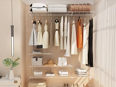 Modern Open Wardrobe With Hanging Clothes Shelves Storage Baskets And Folded Items 3d model