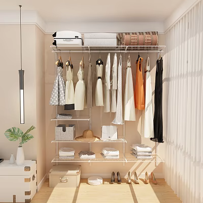 Modern Open Wardrobe With Hanging Clothes Shelves Storage Baskets And Folded Items 3d model