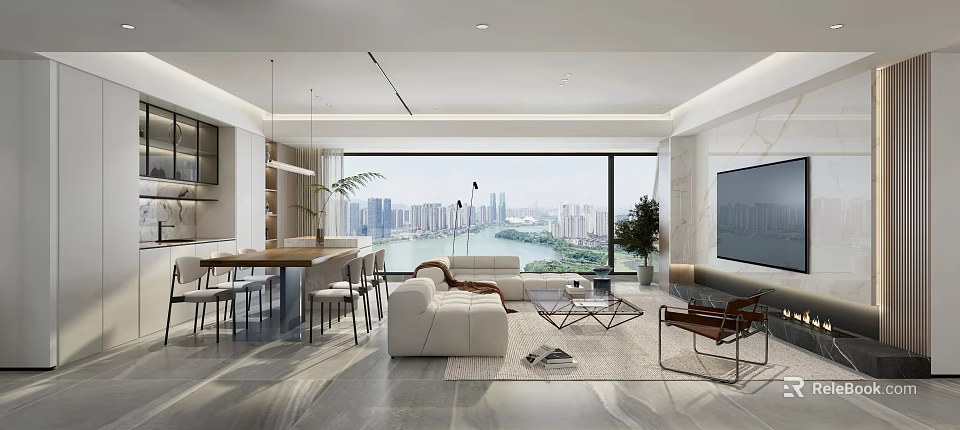 Modern Dining And Living Room Interior With Large Window City View Sofa Dining Table Chairs 3d model 