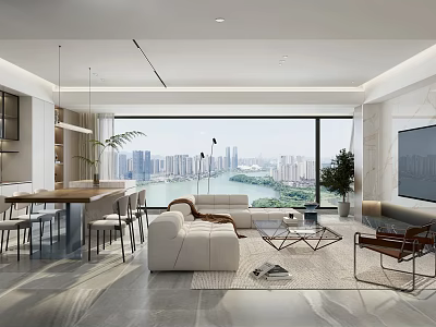 Modern Dining And Living Room Interior With Large Window City View Sofa Dining Table Chairs 3d model
