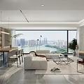 Modern Dining And Living Room Interior With Large Window City View Sofa Dining Table Chairs
