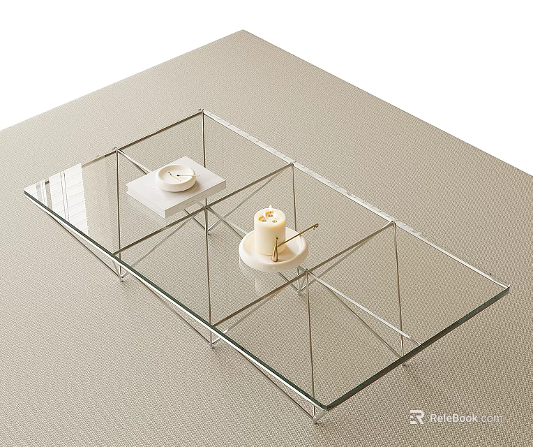 Modern Glass Coffee Table With Metal Frame Geometric Structure And Candle On Tray 3d model 