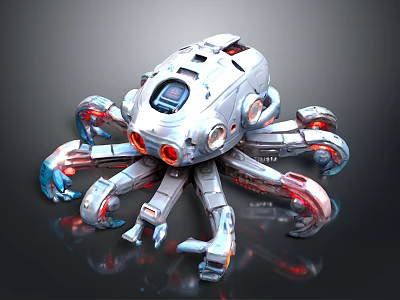 Futuristic Mechanical Octopus With Robotic Tentacles Silver Body Red Blue Accents And Cockpit 3d model