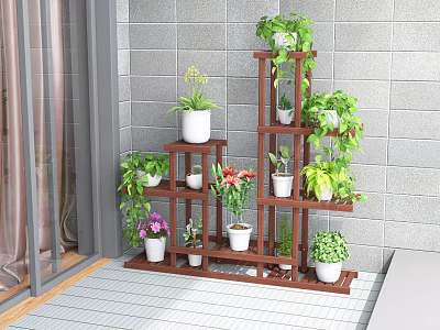 Multi Tiered Wooden Plant Stand With Various Green Plants And Potted Flowers In Balcony Corner 3d model