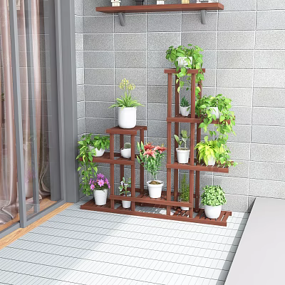 Multi Tiered Wooden Plant Stand With Various Green Plants And Potted Flowers In Balcony Corner 3d model