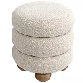 Fluffy Beige Fabric Ottoman With Stacked Design And Single Wooden Base