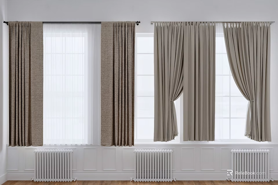 Taupe Draped Curtains with Sheer Panels in Bright Window Interior 3d model 