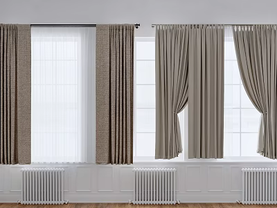 Taupe Draped Curtains with Sheer Panels in Bright Window Interior 3d model