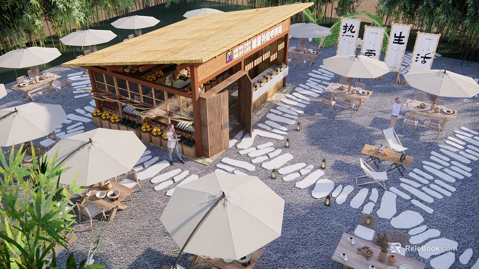 Courtyard Garden with Thatched Roof Hut Outdoor Tables Parasols and Stone Paved Paths 3d model 