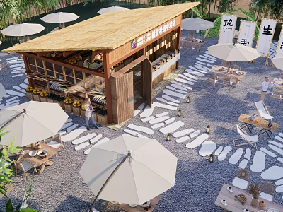 Courtyard Garden with Thatched Roof Hut Outdoor Tables Parasols and Stone Paved Paths 3d model