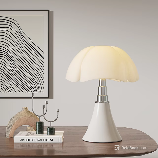 Modern Table Lamp with White Lampshade and Abstract Painting near Decorative Items on Wooden Desk 3d model 