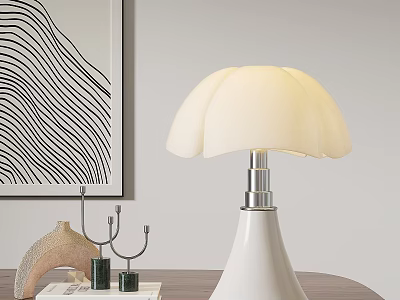Modern Table Lamp with White Lampshade and Abstract Painting near Decorative Items on Wooden Desk 3d model