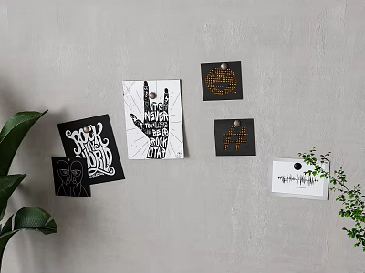 Photo Wall With Various Artworks And Cards On Gray Wall With Green Plants 3d model