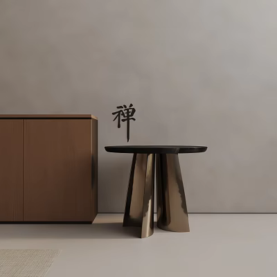 Modern Zen Style Side Table with Black Tabletop and Metal Legs Beside Wooden Storage Cabinet 3d model